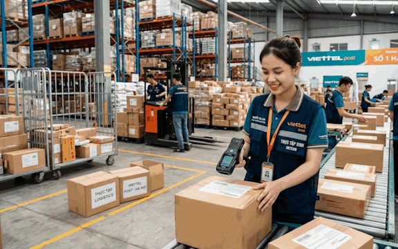 Sinh viên ngành logistic thực tập tại kho